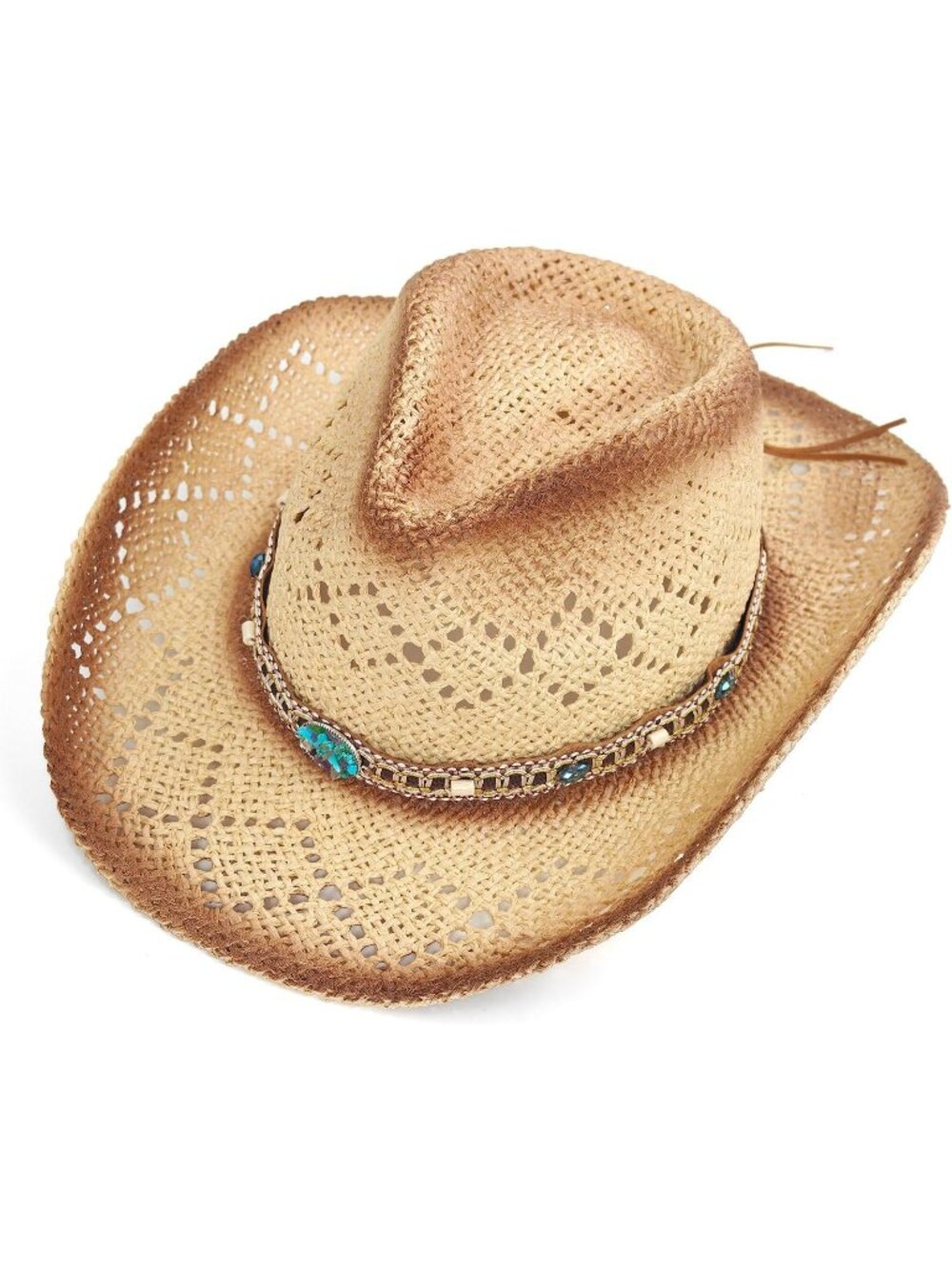 Women's Smoked Edge Straw Beaded Band Wide Brim Cowboy Western Cowgirl Sun Hat